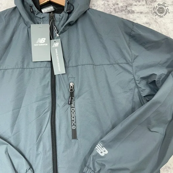 NWT New Balance Wind Jacket Men's Small Gray Hooded Water Wind Resistant - Picture 3 of 11